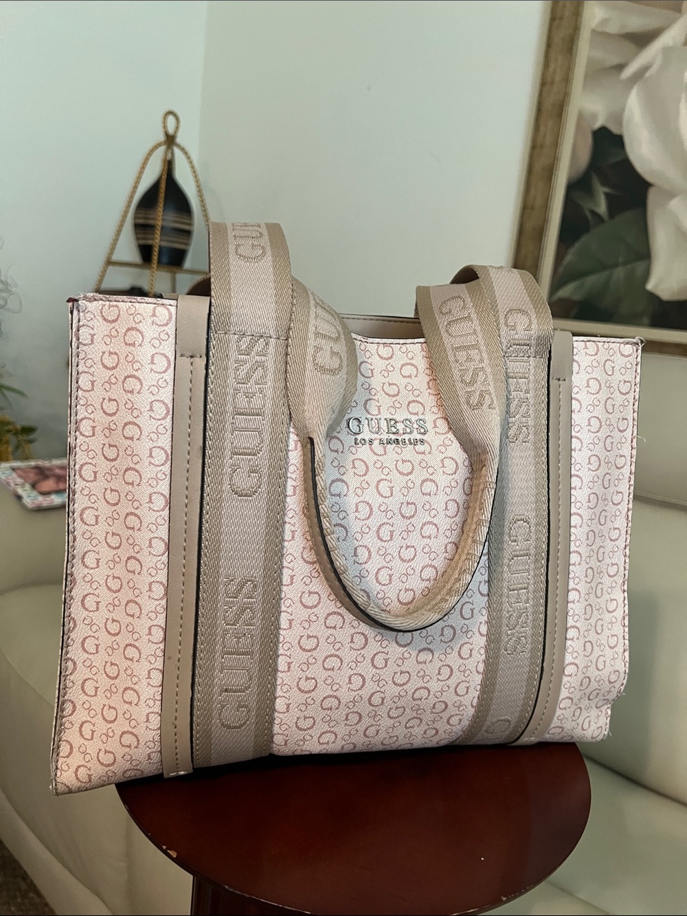 Guess Pink and Beige Logo Tote with Branded Straps